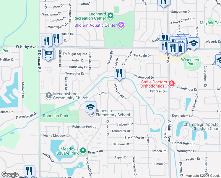 map of restaurants, bars, coffee shops, grocery stores, and more near 1811 Rebecca Drive in Champaign