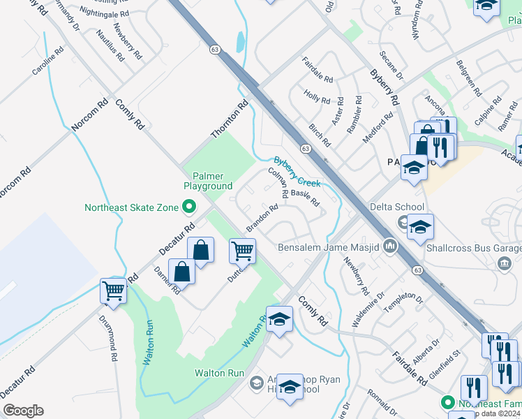 map of restaurants, bars, coffee shops, grocery stores, and more near 11728 Brandon Place in Philadelphia