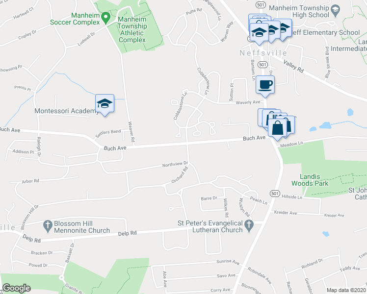 map of restaurants, bars, coffee shops, grocery stores, and more near 56 Northview Drive in Lancaster