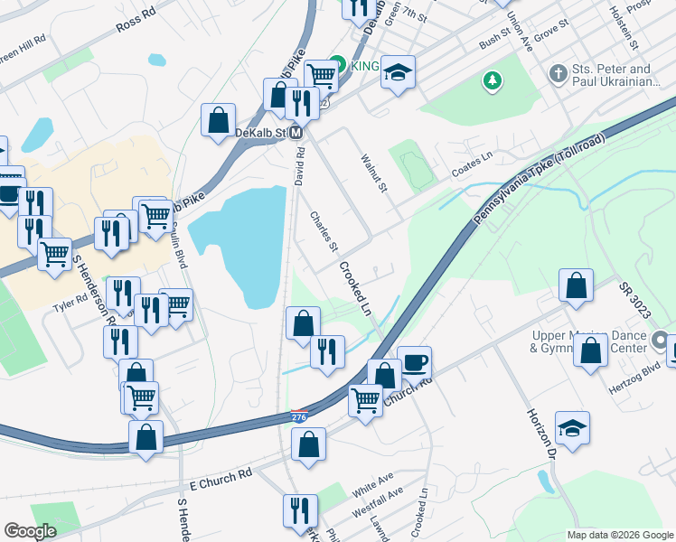 map of restaurants, bars, coffee shops, grocery stores, and more near 238 Crooked Lane in King of Prussia