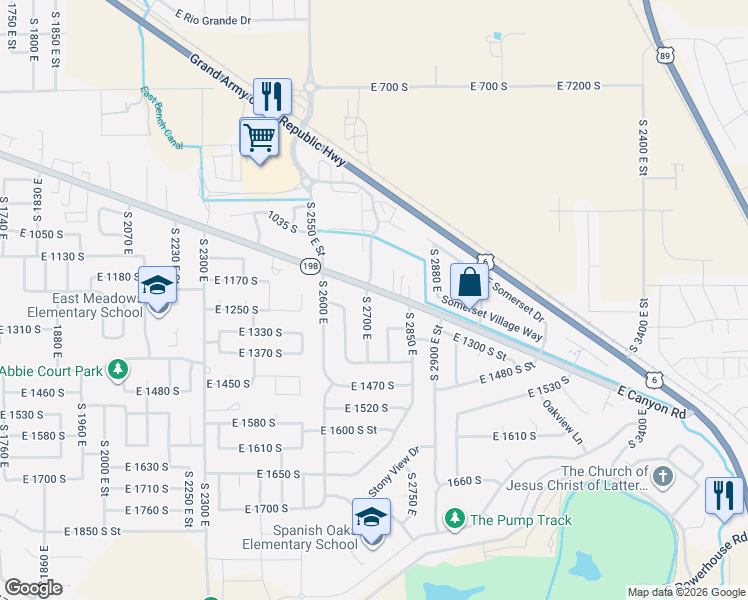 map of restaurants, bars, coffee shops, grocery stores, and more near 1263 South 2700 East in Spanish Fork