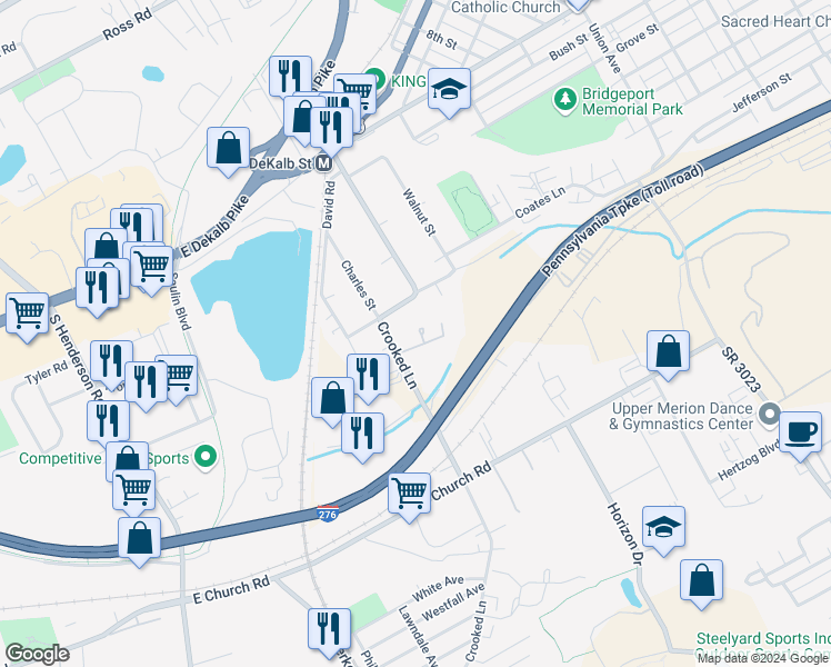 map of restaurants, bars, coffee shops, grocery stores, and more near 300 Manor Lane in King of Prussia