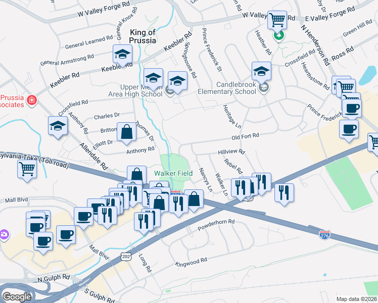 map of restaurants, bars, coffee shops, grocery stores, and more near 467 Hillview Road in King of Prussia