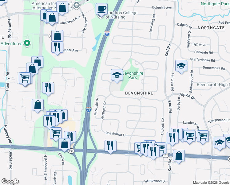 map of restaurants, bars, coffee shops, grocery stores, and more near 6210-6222 Ambleside Court in Columbus