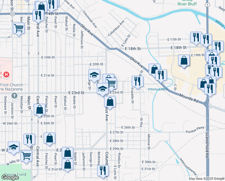 map of restaurants, bars, coffee shops, grocery stores, and more near 2302 Columbus Avenue in Anderson