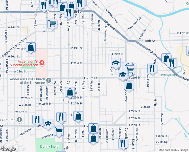map of restaurants, bars, coffee shops, grocery stores, and more near 507 East 23rd Street in Anderson