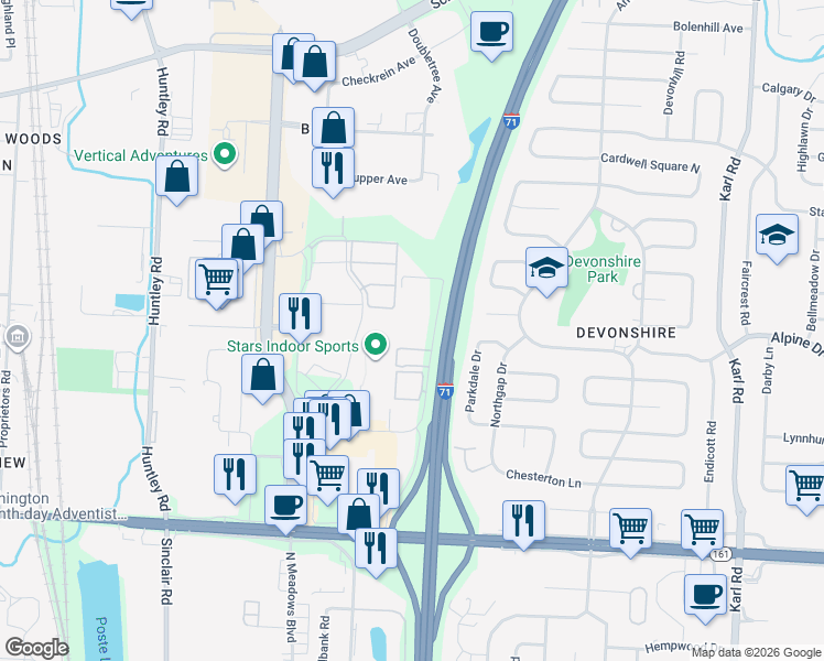 map of restaurants, bars, coffee shops, grocery stores, and more near 6255 Quarter Horse Drive in Columbus