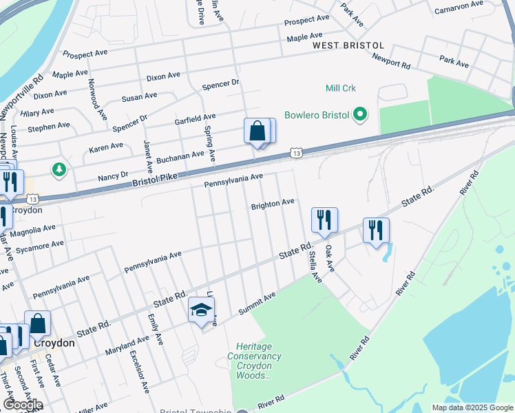 map of restaurants, bars, coffee shops, grocery stores, and more near 2210 Brighton Avenue in Croydon