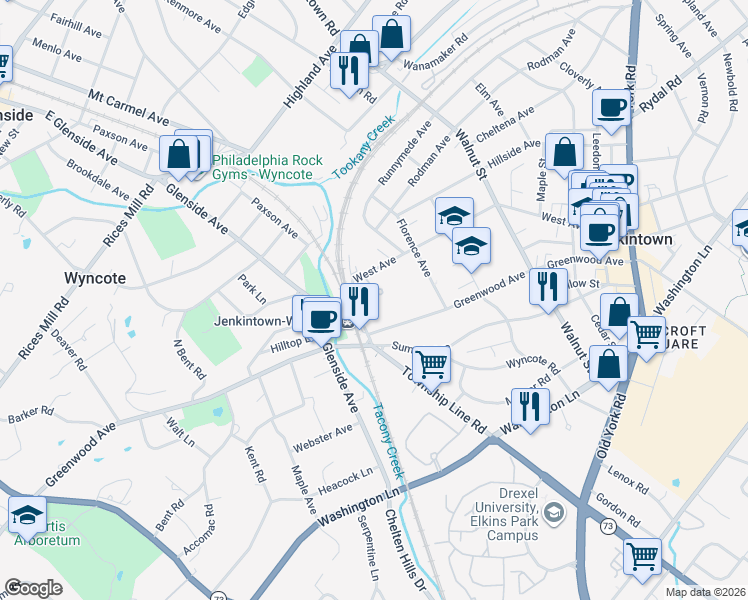 map of restaurants, bars, coffee shops, grocery stores, and more near 100 West Avenue in Jenkintown