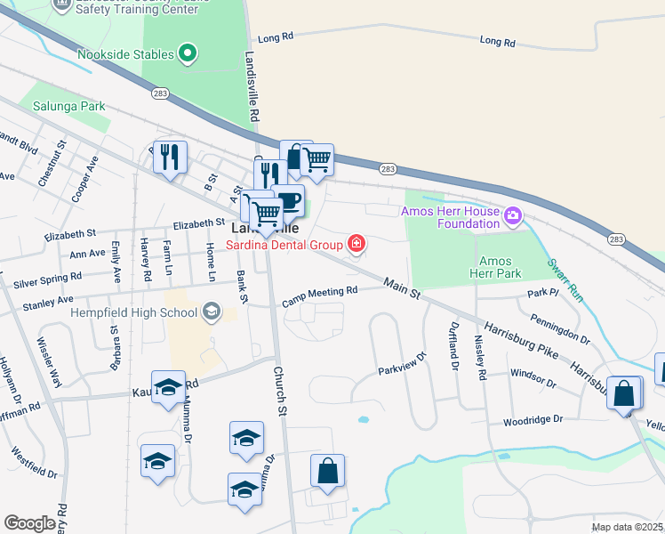 map of restaurants, bars, coffee shops, grocery stores, and more near 390 Main Street in Landisville