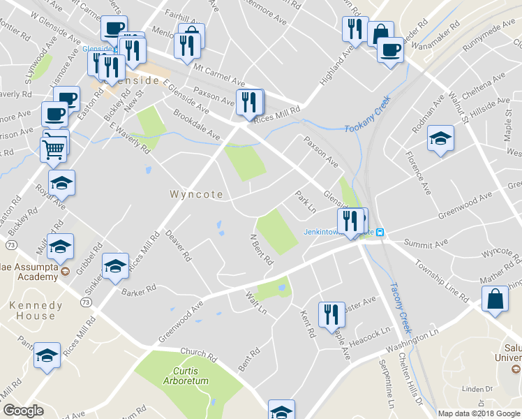 map of restaurants, bars, coffee shops, grocery stores, and more near 139 Hewett Road in Wyncote