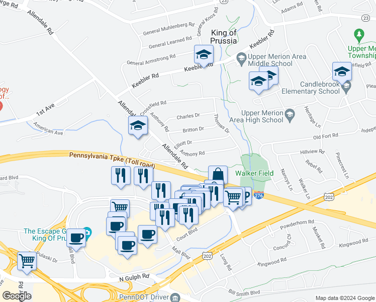 map of restaurants, bars, coffee shops, grocery stores, and more near 297 Anthony Road in King of Prussia