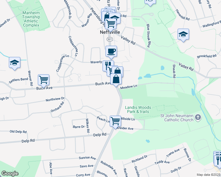 map of restaurants, bars, coffee shops, grocery stores, and more near 14 Buch Avenue in Lancaster