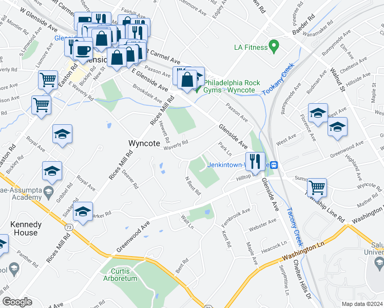 map of restaurants, bars, coffee shops, grocery stores, and more near 139 Hewett Road in Wyncote