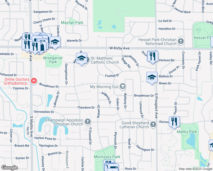 map of restaurants, bars, coffee shops, grocery stores, and more near 1115 Broadmoor Drive in Champaign