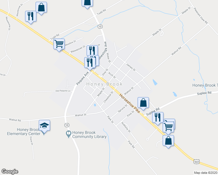 map of restaurants, bars, coffee shops, grocery stores, and more near 4450 Horseshoe Pike in Honey Brook