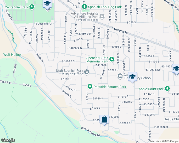 map of restaurants, bars, coffee shops, grocery stores, and more near 1227 South 1180 East Street in Spanish Fork