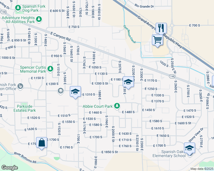 map of restaurants, bars, coffee shops, grocery stores, and more near 1968 East 1200 South in Spanish Fork