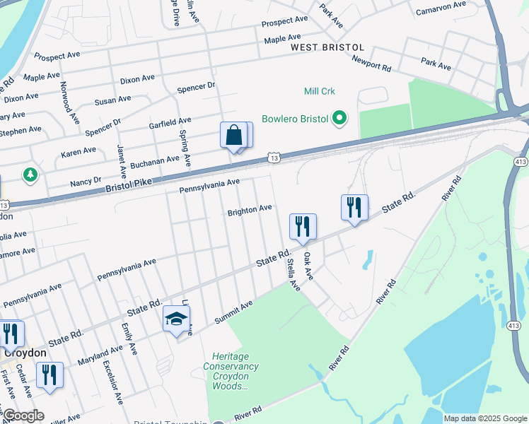 map of restaurants, bars, coffee shops, grocery stores, and more near 403 Girard Avenue in Croydon