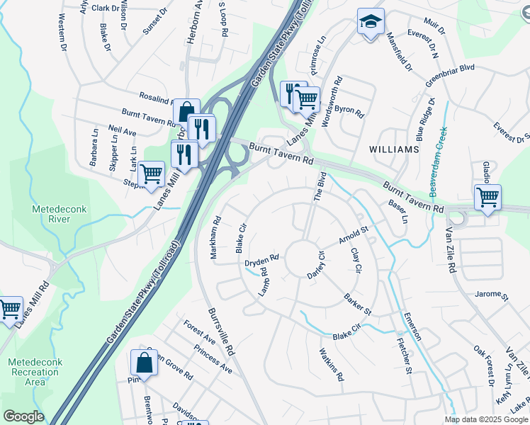 map of restaurants, bars, coffee shops, grocery stores, and more near 22 Darley Circle in Brick Township
