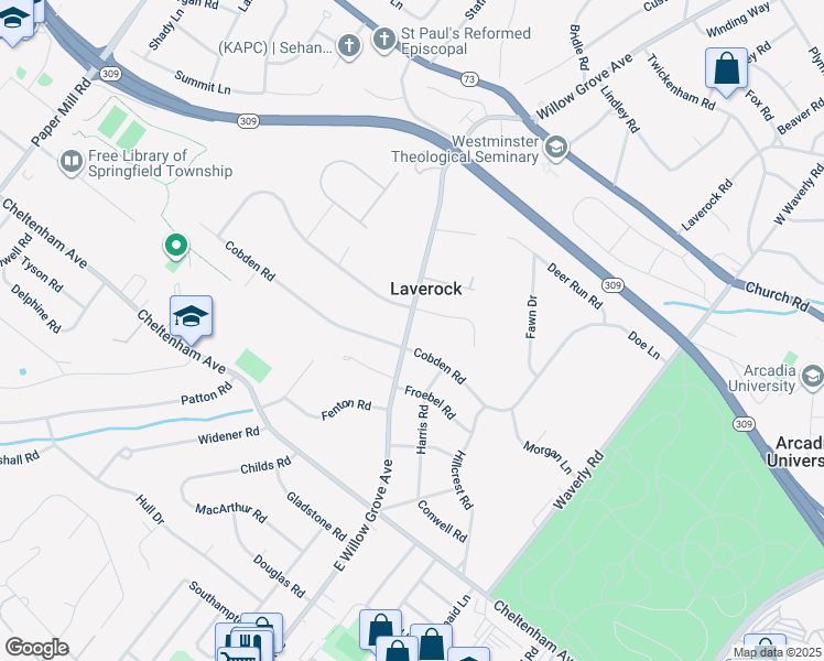 map of restaurants, bars, coffee shops, grocery stores, and more near 1704 East Willow Grove Avenue in Glenside