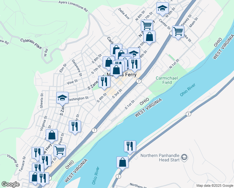 map of restaurants, bars, coffee shops, grocery stores, and more near 201 South 3rd Street in Martins Ferry