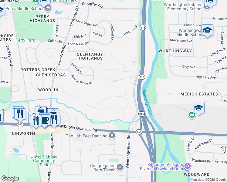 map of restaurants, bars, coffee shops, grocery stores, and more near 6544 Plesenton Drive in Worthington
