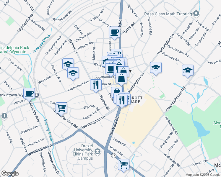 map of restaurants, bars, coffee shops, grocery stores, and more near 128 Cedar Street in Jenkintown