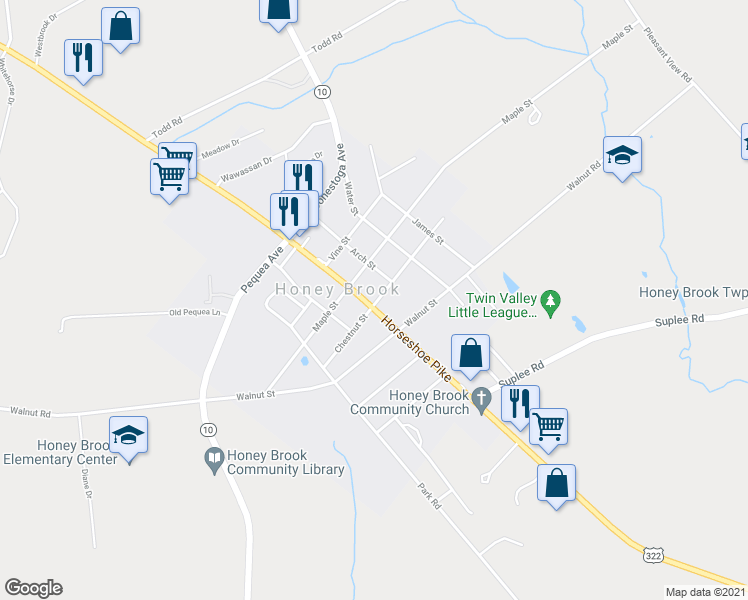 map of restaurants, bars, coffee shops, grocery stores, and more near 769 Chestnut Street in Honey Brook