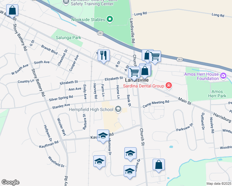 map of restaurants, bars, coffee shops, grocery stores, and more near 261 Stanley Avenue in Salunga-Landisville