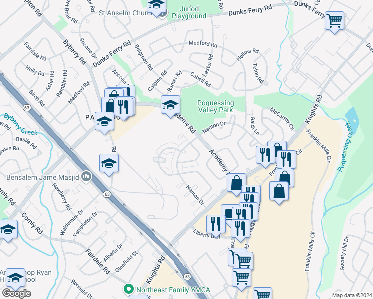 map of restaurants, bars, coffee shops, grocery stores, and more near 12557 Deer Run Place in Philadelphia