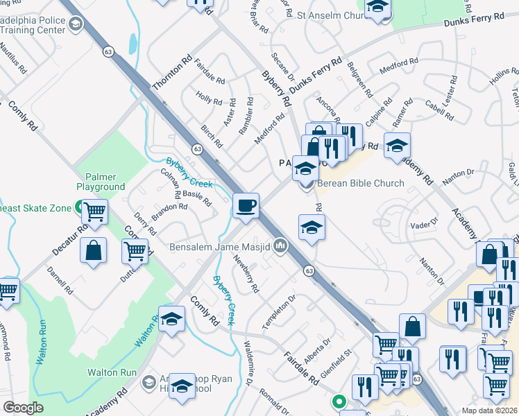 map of restaurants, bars, coffee shops, grocery stores, and more near 3501 Woodhaven Road in Philadelphia