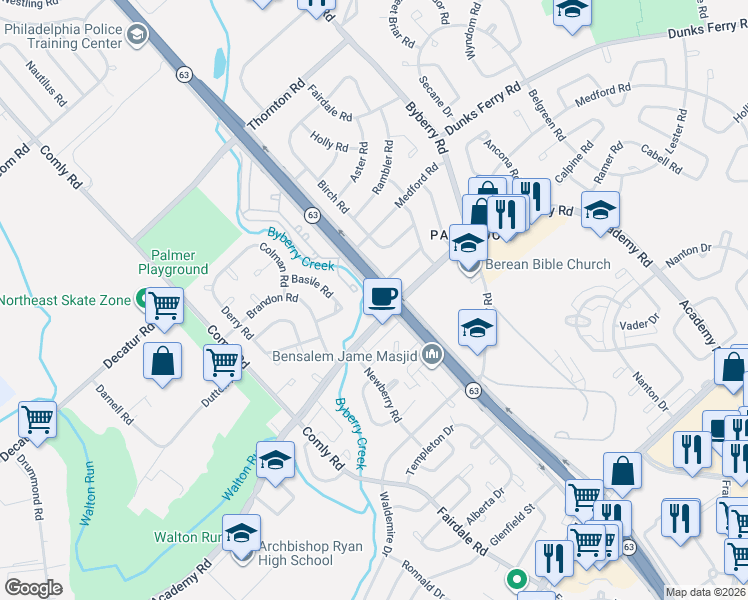 map of restaurants, bars, coffee shops, grocery stores, and more near 12037 Academy Road in Philadelphia