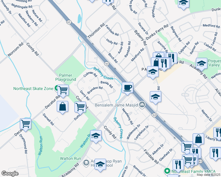 map of restaurants, bars, coffee shops, grocery stores, and more near 11833 Basile Road in Philadelphia