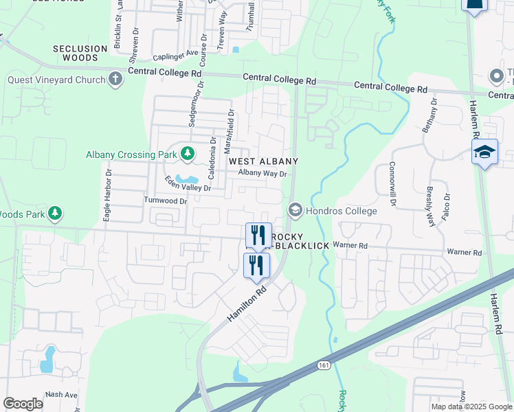 map of restaurants, bars, coffee shops, grocery stores, and more near 5528 Addison Claire Drive East in Columbus