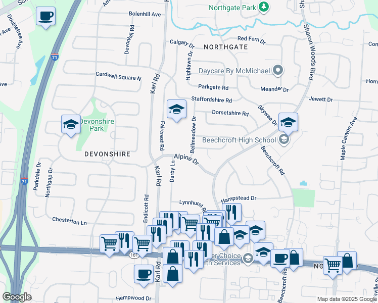 map of restaurants, bars, coffee shops, grocery stores, and more near 1700 Alpine Drive in Columbus