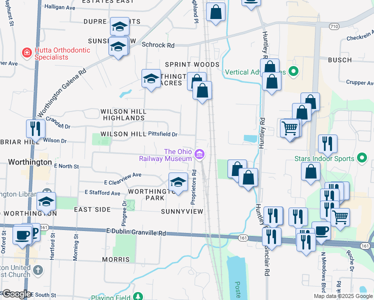 map of restaurants, bars, coffee shops, grocery stores, and more near 999 Proprietors Road in Columbus