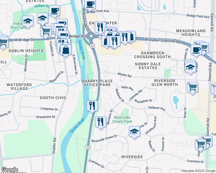 map of restaurants, bars, coffee shops, grocery stores, and more near 6170 Riverside Drive in Dublin