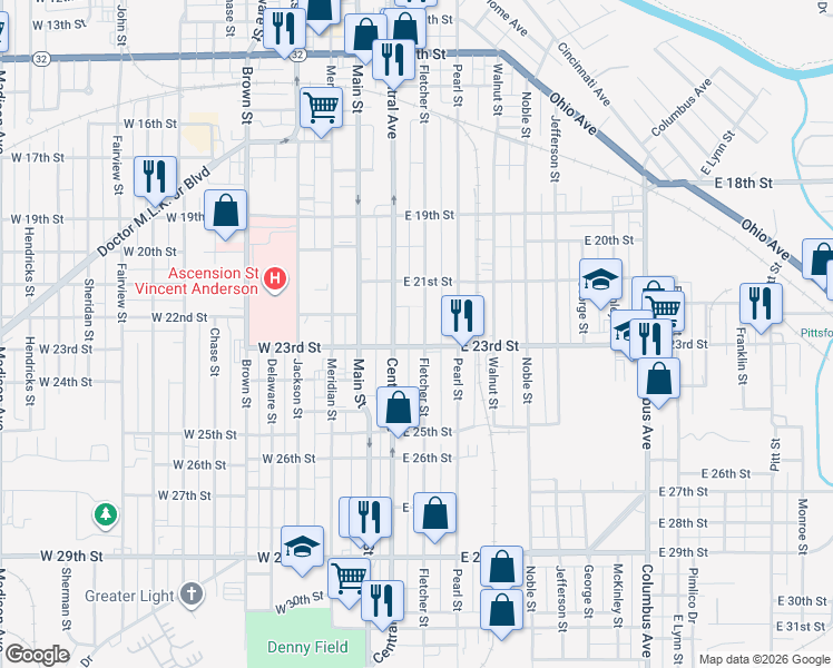 map of restaurants, bars, coffee shops, grocery stores, and more near 2226 Fletcher Street in Anderson