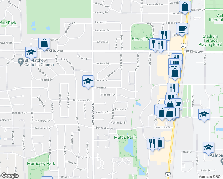 map of restaurants, bars, coffee shops, grocery stores, and more near 802 Richards Lane in Champaign