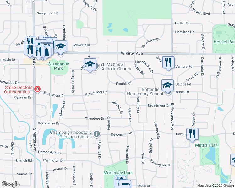 map of restaurants, bars, coffee shops, grocery stores, and more near 1115 Broadmoor Drive in Champaign