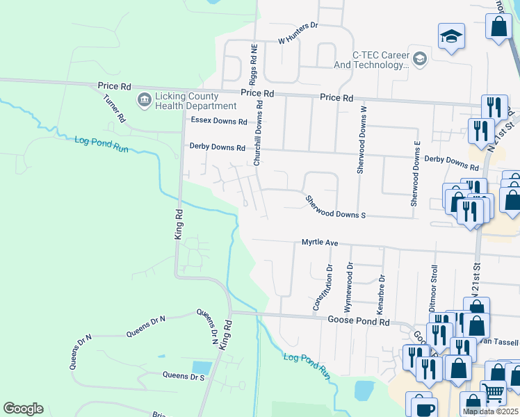 map of restaurants, bars, coffee shops, grocery stores, and more near 1673 Churchill Downs Road in Newark