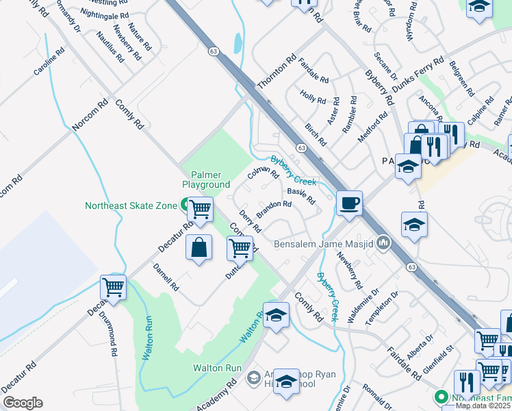 map of restaurants, bars, coffee shops, grocery stores, and more near 11736 Brandon Place in Philadelphia