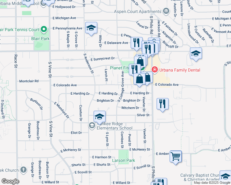 map of restaurants, bars, coffee shops, grocery stores, and more near 1005 East Harding Drive in Urbana
