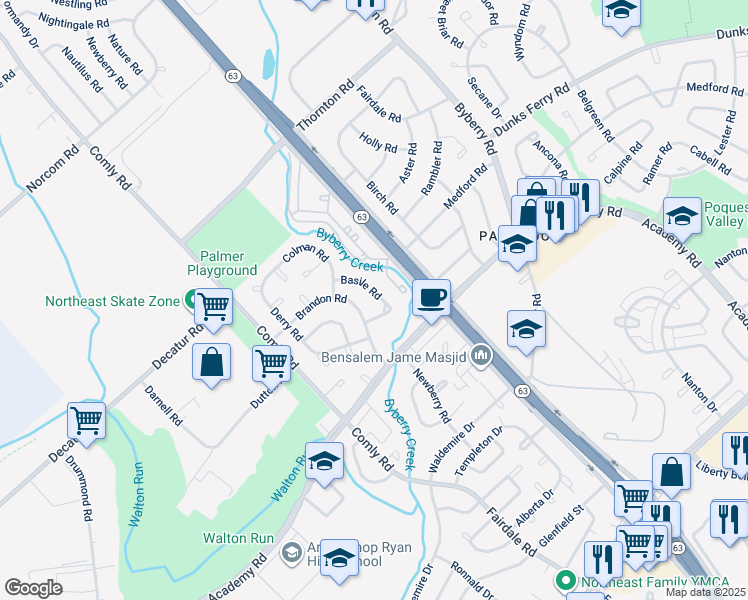 map of restaurants, bars, coffee shops, grocery stores, and more near 11833 Basile Road in Philadelphia