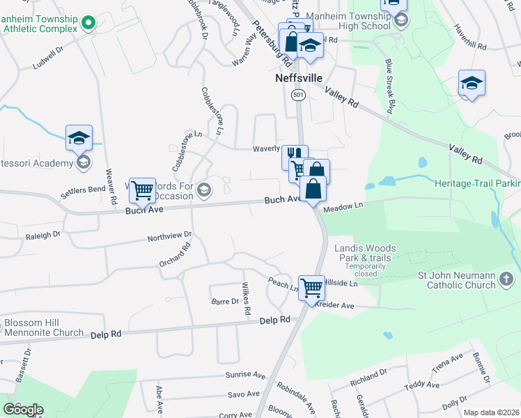 map of restaurants, bars, coffee shops, grocery stores, and more near 100 Buch Avenue in Lancaster