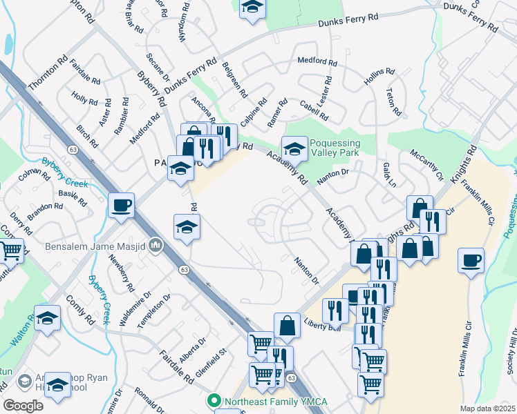 map of restaurants, bars, coffee shops, grocery stores, and more near 12522 Deer Run Road in Philadelphia
