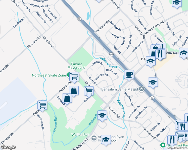 map of restaurants, bars, coffee shops, grocery stores, and more near 11736 Brandon Place in Philadelphia
