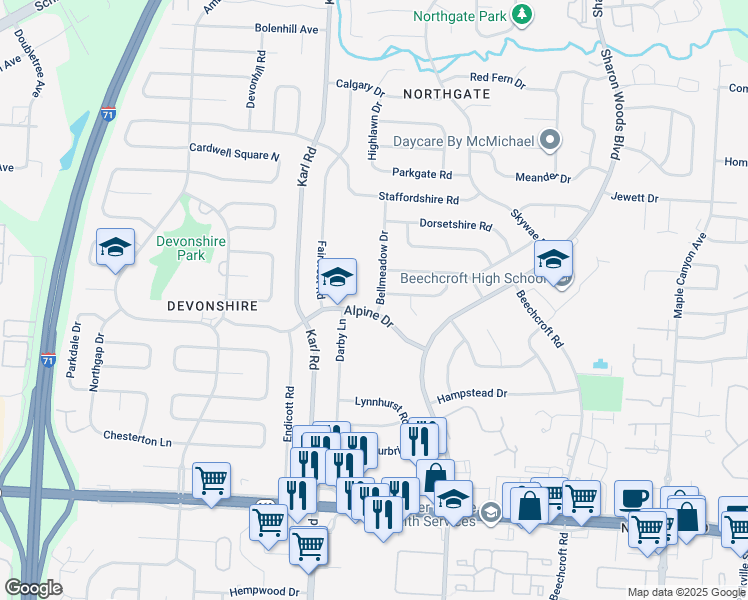 map of restaurants, bars, coffee shops, grocery stores, and more near 1700 Alpine Drive in Columbus