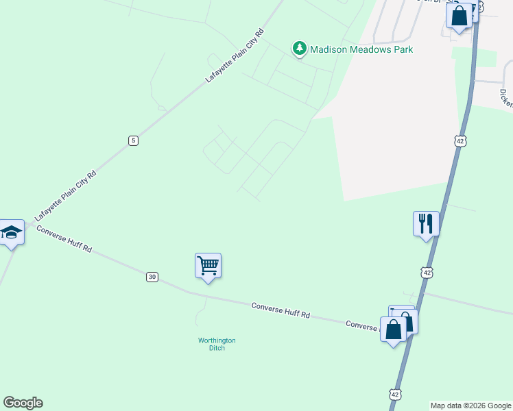 map of restaurants, bars, coffee shops, grocery stores, and more near 671 Carla Road in Plain City